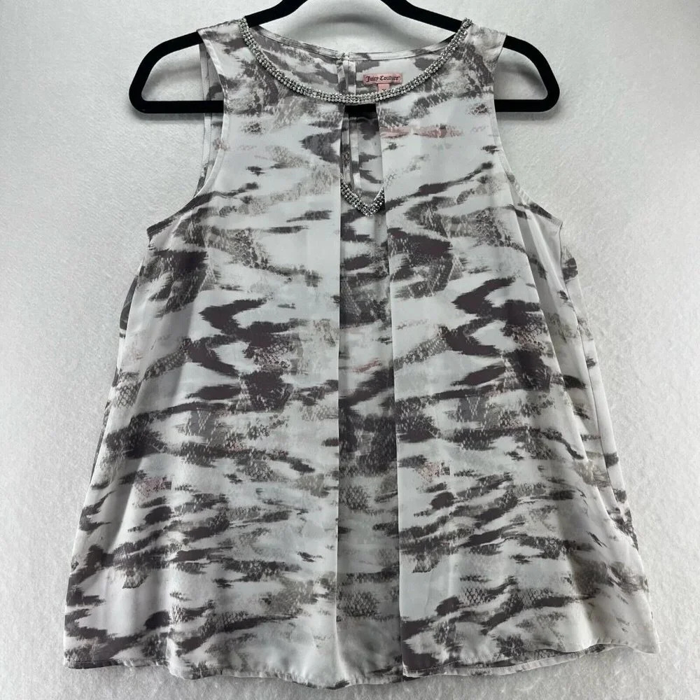 Juicy Couture Tank Top Sz M Crepe Embellished Snakeskin Keyhole Neck Shell Gray